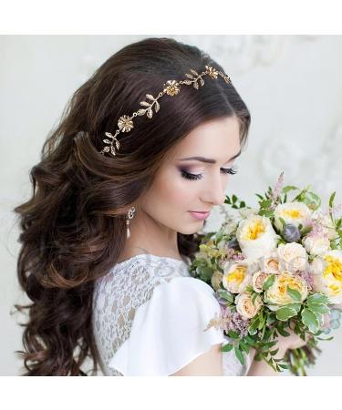 HINZIC 2Pcs Elastic Flower & Gold Leaves Headbands - Wedding Hair Jewelry for Bride Women | Hair Accessories for Valentine's, Engagement, Birthday, Christmas - Buy Online on GoSupps.com