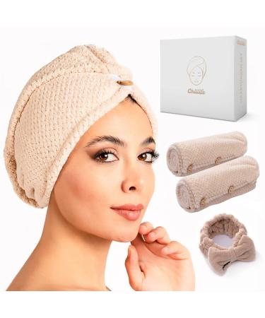Chillife premium hair turban set i head towel with button i microfiber towel set consisting of 2 microfiber towel and 1 hair band i towel quick -dry i turban i adjustable size (beige)