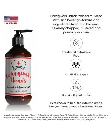 Caregivers Hands Intensive Moisturizer - Best Lotion for Extremely Dry Skin 8 oz - Baby Powder Fragrance - Perfect for Hands & Feet - Buy Online on GoSupps.com