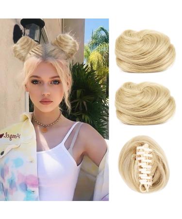 2pcs Mini Claw Clip in Messy Space Bun Hair Pieces  Cat Ears Fake Synthetic Hair Chignon Donut Hair Bun Extensions Wig Accessory Updo Hairpieces for Women Girls (3.1 Wavy - Light Golden Blonde)