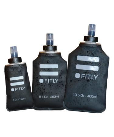 FITLY Soft Flask 3 Pack - 5 oz (150 ml), 8.5oz (250ml), & 13.5oz (400ml) - Shrink As You Drink Soft Water Bottle for Hydration Pack - Folding Water Bottle For Running & Hiking - Running Water Bottle Black