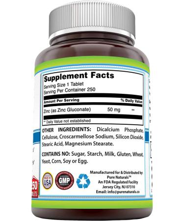 Pure Naturals Zinc Gluconate 50mg - 250 Tablets | Essential Mineral Supplement - Buy Online on GoSupps.com