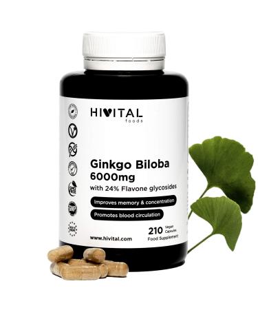 Ginkgo Biloba 6000 mg.210 vegan capsules for 7 months.100% naturally with 24% flavonoids and 6% terpenes.Strong antioxidants memory concentration and blood circulation improved