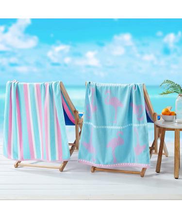 Great Bay Home Large Beach Towel Set of 2 - Blue and Pink Beach Towels for Adults - Lightweight Pool Towels 100% Cotton - Striped Quick Dry Beach Towel Pack and Flamingo Cute - Beach Towel for Travel 2 Pack - 30" x 60" Flamingo Blue / Pink