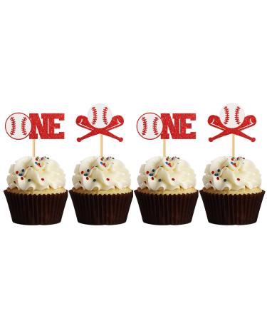 MonMon & Craft Baseball One Cupcake Toppers - Sport Theme 1st Birthday Cupcake Decor - Baby Shower Party Dessert Decor - Baseball Birthday Party Cupcake Toppers - 24 Pcs Glitter