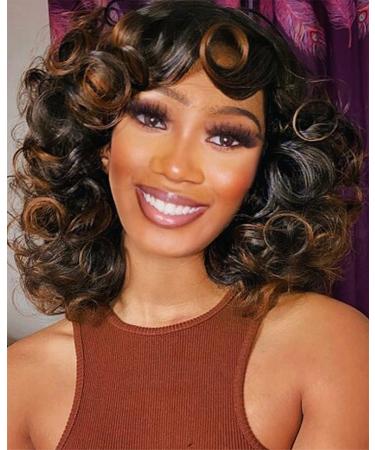 KEAT Curly Wigs for Black Women Short Big Curly Kinky Wigs for Women Afro Wavy Black Mixed Brown Wig with Bangs Cute Natural Synthetic Wigs for African American Women K002 Black with Brown Highlights