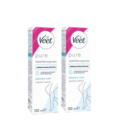 Veet pure hair removal cream for body arms and legs - depilatory cream for sensitive skin - minimum of ingredients & pleasant fragrance - 2 x 100 ml