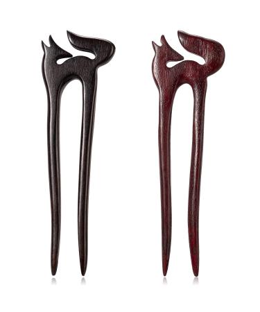 Noverlife 2PCS Natural Sandalwood Hair Sticks with Cute Fox Design - Handmade 2-Prong Wood Hair Pins for Thick & Thin Hair - Buy Online on GoSupps.com