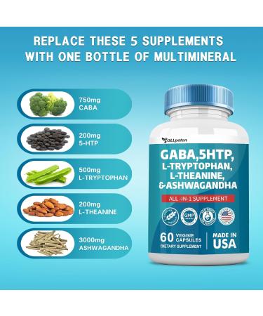 Buy GABA 750mg + 5-HTP 200mg + L-Tryptophan 500mg + L-Theanine 200mg + Ashwagandha 3000mg - Mood Support Vitamins for Men & Women - 60 Capsules - Buy Online on GoSupps.com