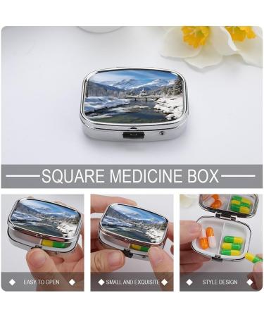 Winter Landscape Bavarian Alps Pill Box | 2 Compartment Decorative Metal Organizer for Medicine - Portable & Stylish for Pocket or Purse - Buy Online on GoSupps.com