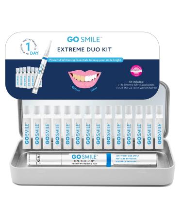 GO SMILE Extreme Duo Professional Teeth Whitening Travel Tin- Stain Remover Kit Includes 1 Enamel Whitening Brush Pen & 14 Extreme Whitener Applicator Swabs For On The Go  No Tooth Or Gum Sensitivity
