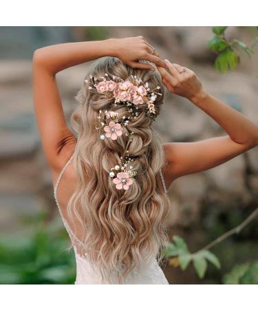 Pink Crystal Pearl Bridal Flower Hair Pins Set for Wedding - Gold Accessories for Brides & Bridesmaids - Buy Online on GoSupps.com