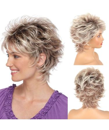 LEOSA Short Blonde Pixie Cut Wigs with Bangs for White Women Brown Ombre Blonde Wig Synthetic Wavy Curly Hair Wigs Mixed Brown Wigs Layered Natural Fluffy Heat Resistant
