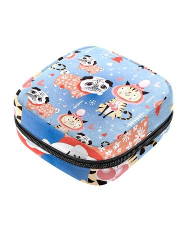 Cute Cartoon Animal Pog Pug with Cats Sanitary Napkin Storage Bag Menstrual Pad Bag Portable Nylon Oxford Cloth Menstrual Cup Pouch with Zipper for Teen Girls Women Ladies Multicoloured 07