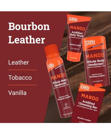 Mando Whole Body Starter Kit - 2.6oz Solid Stick 3.6oz Spray 1.5oz Acidified Body Wash 5oz Acidified Cleansing Bar 15ct Deodorant Wipes - Aluminum Free Odor Control - 5 pc Bundle (Bourbon Leather) - Buy Online on GoSupps.com