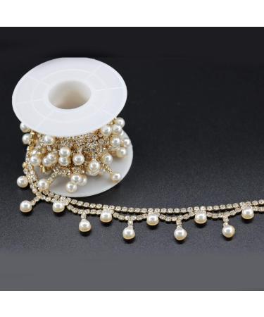 Jerler 1 Yard Pearl Tassel Rhinestone Trim  Inlaid Pearl Beaded Chain  Crystal Applique Ideal for DIY and Wedding Party Decoration Bridal Embellishments  0.8 Width (Tassels Pearl)