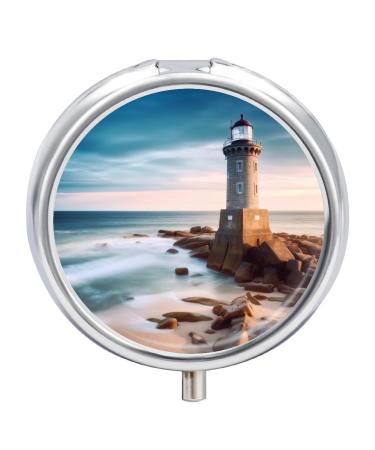 Pill Box Pill Case 3 Compartment Travel Pill Box Beach Lighthouse Printing Small Pill Box Portable Medicine Pill Case Pill Organizer for Purse & Pocket for Travel Handbag (Round)