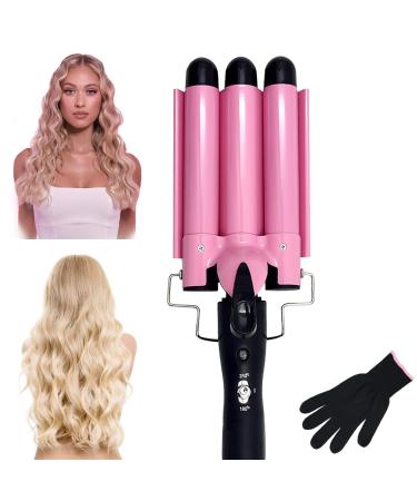 3 Barrel Curling Iron 25mm Crimper Hair Iron Temperature Adjustable Hair Crimper Ceramic Tourmaline Fast Heating Curling Wand with Heat Resistant Glove Pink