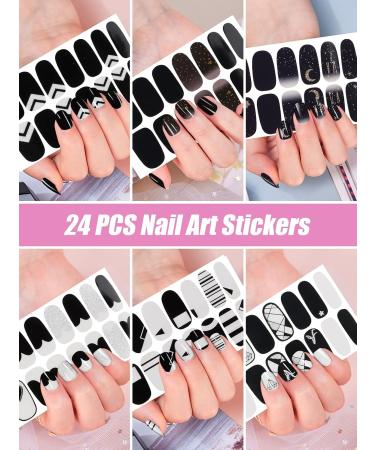 24PCS Black & White Nail Wraps - Self-Adhesive Star Moon Art Stickers with Nail File | DIY 3D Nail Decoration - Buy Online on GoSupps.com
