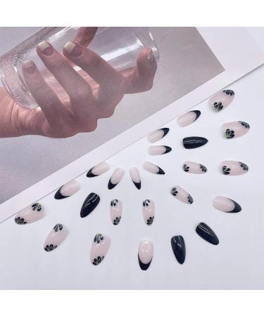Almond False Nails Short 24Pcs Nude Pink Gradient Press on Nails - French Nail Tips with Nail Glue for Women - Black Flower Design - Buy Online on GoSupps.com