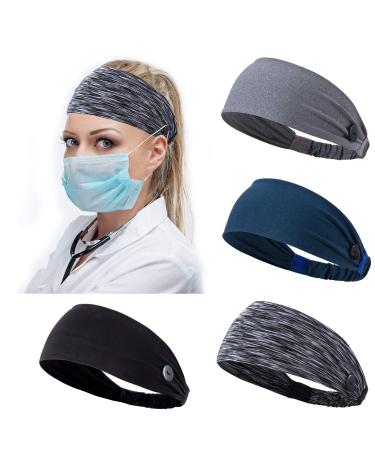 Zoldag Headbands with Buttons for Doctor Nurse Protect Ears Elasticity Button Headbands non Slip Hair Bands for Yoga Sports Running 1-Black Gray Navy Stripe