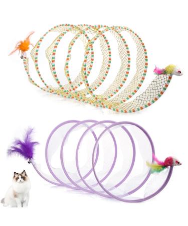 2pcs Folded Cat Tunnel Spring 10in Large Size Portable Cat Toy Spiral Tunnel with Synthetic Feather and Toy Mouse Tunnel Spring Outdoor Puppy Kitten Generic (Striped yellow Purple)