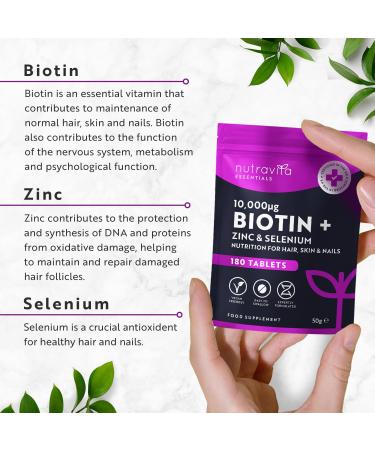 Nutravita Biotin Hair Growth Supplement 10,000mcg - 180 High Strength Vegan Tablets with Zinc & Selenium - Promotes Healthy Hair, Skin & Nails - Biotin Vitamins for Women & Men - Buy Online on GoSupps.com