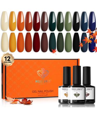 modelones Fall Gel Nail Polish Set 12 Colors Nude Brown Gel Polish Yellow Pumpkin Orange Sage Green Blue Wine Dark Red Nail Gel Polish Set Soak OFF LED Nail Art Gel Kit Halloween Nail Gift Salon DIY