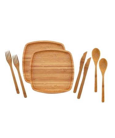 BambooMN Camping Mess Kit Lightweight Organic 8" x 8" Bamboo Plates, Forks, Knifes and Spoons for Camping, Hiking, or Backpacking - 2 Sets 8" Camping Mess Set 2 Sets