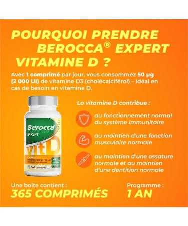 Berocca Expert Vitamine D3 2000 UI (50 g) 365 Comprim s Haute Dose de Vitamine D3 Compl ment pour Syst me Immunitaire Os Muscles et Dents Formule V g tarienne Programme de 1 An - Buy Online on GoSupps.com
