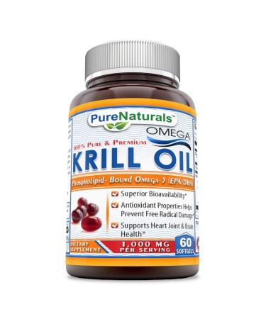 Pure Naturals Krill Oil 1000 mg Per Serving Softgels (Non-GMO Gluten-Free) - Superior Bio-Availability* Antioxidant Properties Helps Prevent Free Radical Damage* (60 Count)