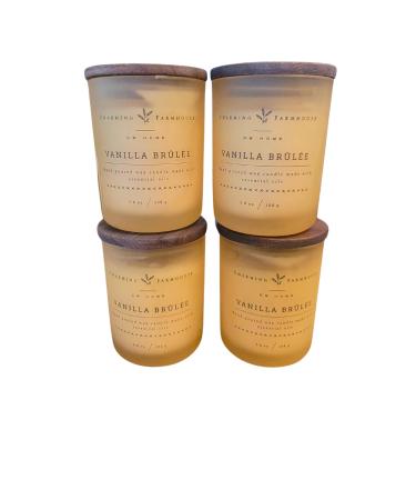 Set of 4 Richly Scented Vanilla Brulee Candles Single Wick Wooden Lid 3.8oz Each One Yellow 23181