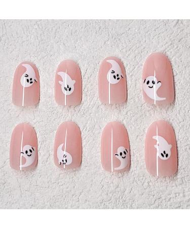 Halloween Press on Nails - Short Almond Glossy Nude Pink Full Cover Ghost Nails | 24Pcs Spooky Oval Acrylic Fake Nails for Women & Girls - Buy Online on GoSupps.com