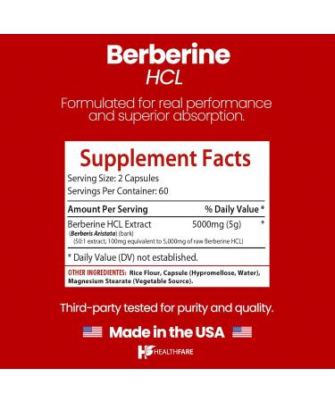 Healthfare Berberine HCL 5000mg | 120 Veg Capsules | Extra Strength Herbal Extract | Non-GMO Gluten-Free | Made in The USA - Buy Online on GoSupps.com