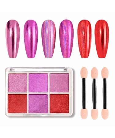 GZMAYUEN Pink Red Solid Mirror Chrome Nail Powder 6 Colors Red Laser Chrome Powders for Nails Metallic Nail Powder 08