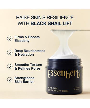 ESSENHERB Black Snail Signature Lift Cream Korean Skincare Firming Moisturizer with 65% Snail Mucin Peptides & Hyaluronic Acid Cream for Skin Texture & Elastic-Looking Finish 1.69 fl oz (50ml) - Buy Online on GoSupps.com