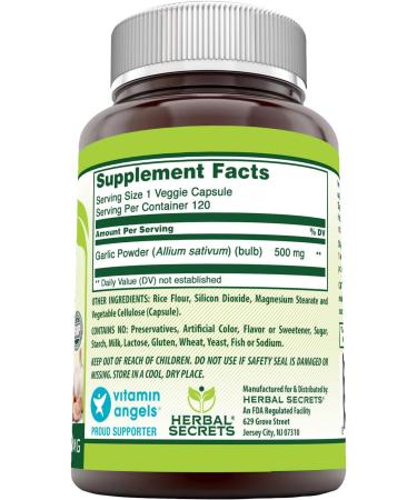 Herbal Secrets Garlic 500mg 120 Veggie Capsules - Non-GMO, Gluten Free, USA Made | Vegetarian Friendly Supplement - Buy Online on GoSupps.com