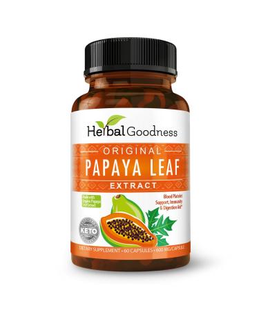 Papaya Leaf Extract Digestive Enzymes - 10X Strength 60/600mg Veg Capsules- Blood Platelet, Bone Marrow & Spleen Support, Immune Gut & Super Digestive Health - Made in USA by Herbal Goodness 60 Count (Pack of 1)