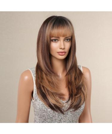 Allbell Colored Honey Brown Wigs for Women - Long Straight Layered Synthetic Wigs with Bangs | Shop 2127-2 Online - Buy Online on GoSupps.com