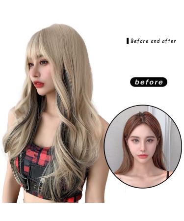 24 Blonde Blend Black Long Wavy Wig with Bangs for Women - Heat Resistant Synthetic Hair for Video Shooting, Halloween, Dating, Party, Cosplay - Natural and Cute - Buy Online on GoSupps.com