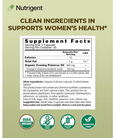 Nutrigent Organic Evening Primrose Oil Supplement, 940 mg 100% Pure with 10% GLA, High Absorption Liquid Organic Capsules, Promotes Women's Health & Skin Health, Cold Pressed, 60 Count - Buy Online on GoSupps.com