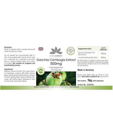 Garcinia Cambogia Extract 500mg - 100 Vegan Capsules | 60% HCA | High Dose | Herbadirekt by Warnke Vital - German Pharmacy Quality - Buy Online on GoSupps.com