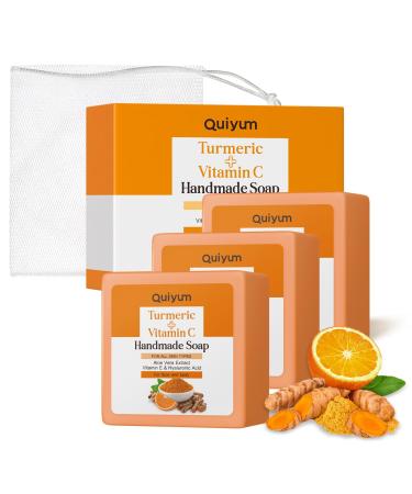 Quiyum Turmeric and Vitamin C Soap pack of 3 facial and body cleanser antistains balancing and cleansing suitable for all skin types