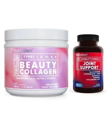 BioEmblem Beauty Collagen - 11G Hydrolyzed Multi-Collagen Peptides & Joint Support - Glucosamine Chondroitin + MSM