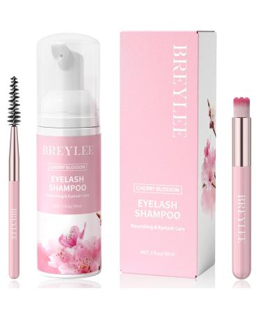 Eyelash Extension Cleanser, BREYLEE Upgraded Eyelash Extension Shampoo 60ML+Mascara Wand+Brush Eyelash Foam Cleanser For Extensions and Natural Lashes,Paraben & Sulfate Free, Salon and Home Use 2 Fl Oz