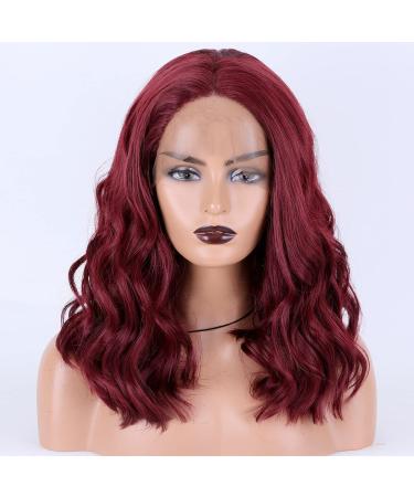 Miss Diva 13×4 Short Maroon Wavy Wig Burgundy Bob Wigs Red Shoulder Length Wig Synthetic Lace Front Wigs For White Women 14