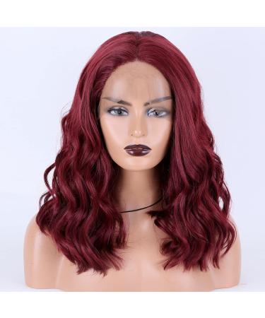 Miss Diva 13×4 Short Maroon Wavy Wig Burgundy Bob Wigs Red Shoulder Length Wig Synthetic Lace Front Wigs For White Women 14" For Daily Party Cosplay 16-Bob