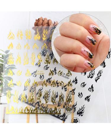 Flame Nail Stickers - 4 Sheets 3D Holographic Fire Decals for Nail Art - White Black Silver Gold Reflections - Vinyl Stencils for Decoration - Buy Online on GoSupps.com