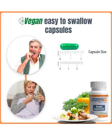 NexFerrous 150 mg | Vegan Iron Supplement | Prevention & Treatment of Iron Deficiency Anemia | Gentle on the Stomach | Easy Absorption | High Potency | 150 mg per capsule | 30 Capsules - Buy Online on GoSupps.com