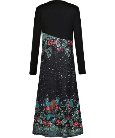 Women's Casual Fall Wedding Guest Midi Dress - Black Long Sleeve Cocktail Party Tunic Flower Shirt Hawaiian Plus Size - Size Large - Buy Online on GoSupps.com